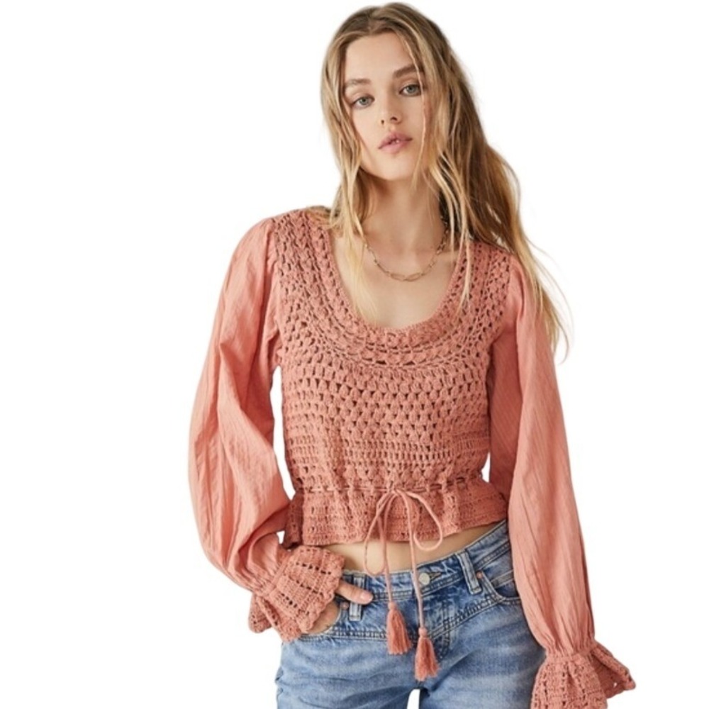 Free People Megan Crochet Open Back Peplum Top Long Sleeve Boho Small